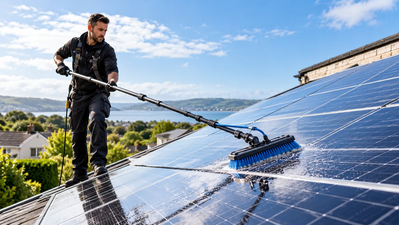 Illustration of a professional using a brush and water-fed pole to clean rooftop solar panels
